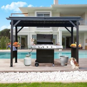 Discover the Domi 6.5x12FT Hardtop Grill Gazebo, featuring 2 side shelves and ceiling hook for convenient grilling. Perfect for patio, lawn, or backyard use with galvanized steel slope roof protection. Grey color.