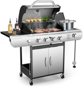 Here is the generated SEO meta description:

"Step up outdoor cooking with this 3-Burner Propane Gas Grill featuring a side burner and porcelain-enamel cast iron grates. Perfect for patio, camping, or backyard BBQs. High-quality stainless steel construction and 37,000 BTU heat output ensure delicious meals."