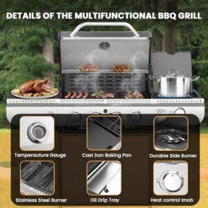 Here is the generated SEO meta description:

"Step up outdoor cooking with this 3-Burner Propane Gas Grill featuring a side burner and porcelain-enamel cast iron grates. Perfect for patio, camping, or backyard BBQs. High-quality stainless steel construction and 37,000 BTU heat output ensure delicious meals."