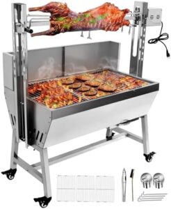 Discover the Stainless Steel Rotisserie Grill, perfect for camping and outdoor cooking. This 25W motor roaster features a 37'' 2-in-1 BBQ charcoal rotisserie grill for small pig or lamb meals.
