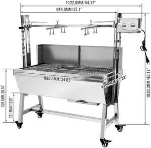 Discover the Stainless Steel Rotisserie Grill, perfect for camping and outdoor cooking. This 25W motor roaster features a 37'' 2-in-1 BBQ charcoal rotisserie grill for small pig or lamb meals.