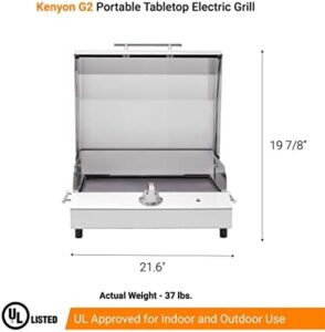 Discover the Kenyon G2 Portable Tabletop Electric Grill, a stainless steel body with cast aluminum grate and UL approved for indoor/outdoor use. Perfect for quick meals, this grill features 1440W single burner and removable lid, dishwasher safe and easy to clean.