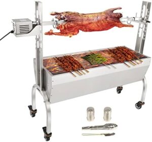 Here is the generated SEO meta description:

"Elevate outdoor cooking with VEVOR's stainless steel rotisserie grill, perfect for whole pigs, lambs, and goats. 46" capacity, electric motor, and charcoal spit design for camping and outdoor gatherings."