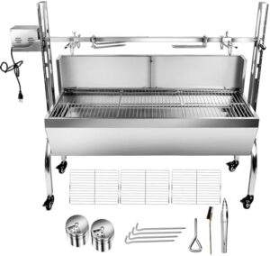 Discover the ultimate outdoor grill experience with our Stainless Steel Rotisserie Grill, featuring a 25W motor and back cover guard. Perfect for cooking whole pigs or charcoal grilling up to 176 lbs.