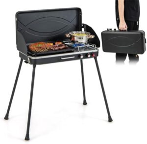Here is the optimized SEO meta description:

"Portability and versatility define HappyGrill 2-Burner Propane Camping Stove with removable leg stand, wind guards and dual control knobs, perfect for camping, BBQ or picnic adventures. Great deals await!"