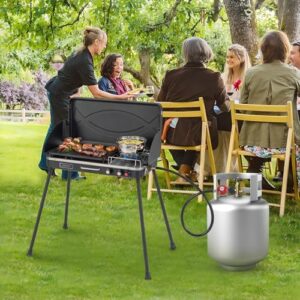 Here is the optimized SEO meta description:

"Portability and versatility define HappyGrill 2-Burner Propane Camping Stove with removable leg stand, wind guards and dual control knobs, perfect for camping, BBQ or picnic adventures. Great deals await!"