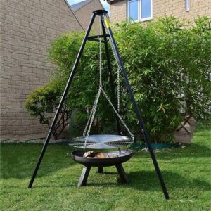Experience the great outdoors with this Height-Adjustable Hanging Tripod Campfire Cooking Equipment, perfect for camping and outdoor cooking. Heavy duty firepit grill included, ideal for family gatherings or solo adventures.