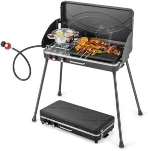Boost your outdoor cooking experience with the Nightcore 2-Burner Propane Camping Stove. Portable design, detachable legs and wind screen for effortless BBQing, picnicking or camping adventures, now at a discounted price!