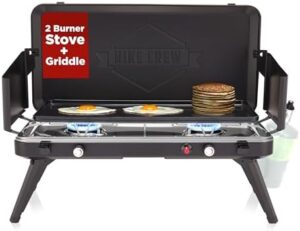 Boost your camping adventures with the Hike Crew 2-in-1 Gas Camping Stove and Griddle, featuring 20,000 BTU, foldable legs, and integrated igniter. Perfect for outdoor enthusiasts on-the-go!