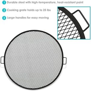 Here is the generated SEO meta description:

"Add warmth to your outdoor gatherings with Sunnydaze's X-Marks Fire Pit Cooking Grate, featuring black steel construction and sturdy handles. Perfect for camping or backyard BBQs."