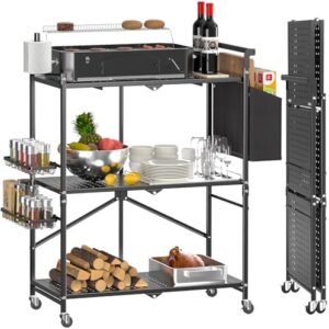 Discover the ultimate outdoor cooking experience with this foldable grill cart featuring 3-tiers, casters, pizza oven stand, and folding kitchen island. Perfect for backyard gatherings!