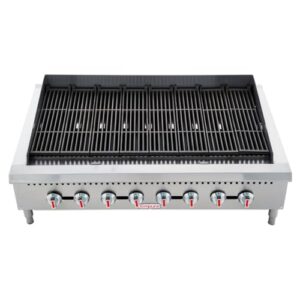 Boost your buffet game with this 48" Countertop Gas Radiant Charbroiler featuring 8 burners and 180,000 BTU. Perfect for food trucks and events, it includes an LP conversion kit and measures 48"W x 32.3"D x 13.3"H.