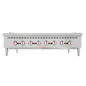 Boost your buffet game with this 48" Countertop Gas Radiant Charbroiler featuring 8 burners and 180,000 BTU. Perfect for food trucks and events, it includes an LP conversion kit and measures 48"W x 32.3"D x 13.3"H.