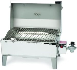 "Upgrade your outdoor cooking experience with Camco's Stainless Steel Portable Propane Gas Grill, perfect for tailgating, camping, RV, picnicking and home use. Includes storage bag and 125 sq in of cooking surface."