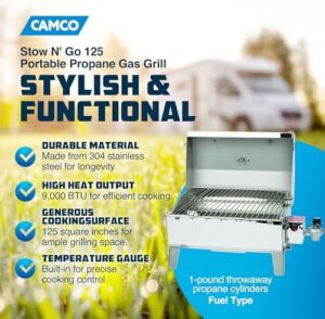 "Upgrade your outdoor cooking experience with Camco's Stainless Steel Portable Propane Gas Grill, perfect for tailgating, camping, RV, picnicking and home use. Includes storage bag and 125 sq in of cooking surface."