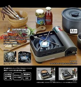 Here is the generated SEO meta description:

"Compact and portable, this junior tabletop barbecue grill features a cassette stove with windbreak, perfect for outdoor cooking on-the-go. Includes carrying case."