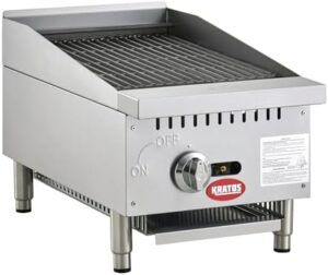 Boost your food business with the Kratos 15" Commercial Gas Charbroiler, featuring 2-burner design and stainless steel construction. Perfect for high-volume use, this countertop grill delivers 37,000 BTUs of power.