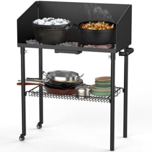 Here is the generated meta description:

"Collapsible grill table for Dutch ovens and food prep, perfect for camping or backyard gatherings. Store utensils and ingredients in the storage basket and enjoy a picnic with friends and family."