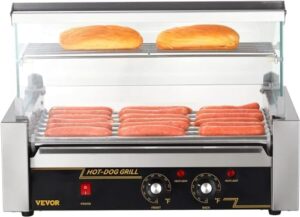 "Cook up to 18 hot dogs with the VEVOR Hot Dog Roller's 7 rollers and dual temp control. Stainless steel construction, LED light, and detachable drip tray make meal prep easy."