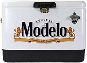 Here is the generated SEO meta description:

"Stay cool and organized with this vintage-style portable ice chest cooler, featuring an insulated 51L stainless steel box that holds up to 85 cans and includes a bottle opener. Perfect for camping, beach trips, or outdoor gatherings."