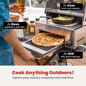 Here is the generated meta description:

"Indulge in backyard pizzas with OvenPlus' portable propane oven featuring dual cooking decks, smokeless design, and pizza stone. Perfect for camping or BBQs!"
