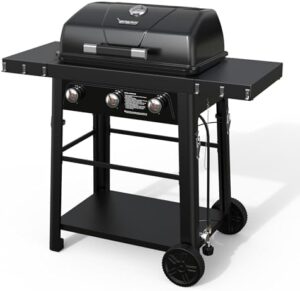 Enhance your outdoor cooking experience with the Brand-Man 3 Burner Propane Gas Grill, featuring enameled grates and a portable tabletop design perfect for camping, tailgating, or backyard barbecues.
