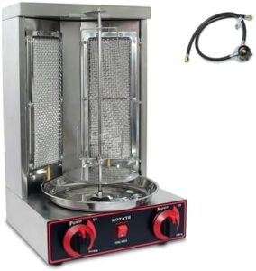 Here is the output:

"Grill delicious shawarma at home or in a restaurant setting with this 220v gyro rotisserie, featuring 2 burners and stainless steel construction for easy cleaning."