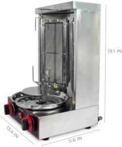 Here is the output:

"Grill delicious shawarma at home or in a restaurant setting with this 220v gyro rotisserie, featuring 2 burners and stainless steel construction for easy cleaning."