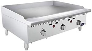 Thermostatically controlled propane griddle cooktop with 75,000 BTUs, perfect for restaurants and commercial use. Stainless steel construction and portable design make it a great addition to any kitchen or food truck.