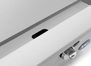Thermostatically controlled propane griddle cooktop with 75,000 BTUs, perfect for restaurants and commercial use. Stainless steel construction and portable design make it a great addition to any kitchen or food truck.
