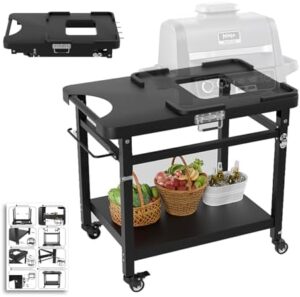Unlock the ultimate grilling experience with the Outdoor Grill Table for Ninja Woodfire Series, featuring a sturdy stand and double shelf for convenient pizza oven use. Perfect for camping or backyard BBQs!